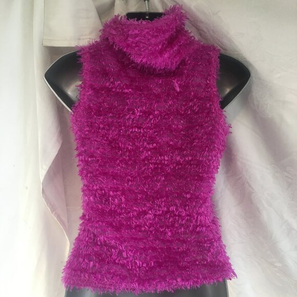 Brody 1990s Purple Fuzzy Fluffy Sleeveless Top Sz S Turtleneck Vintage Fuscia - Picture 7 of 9